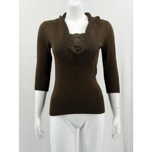 Alfani Top Womens PP 0P Green Cowl Neck Knit 3/4 Sleeve Silk Wool Blend Y2K Work